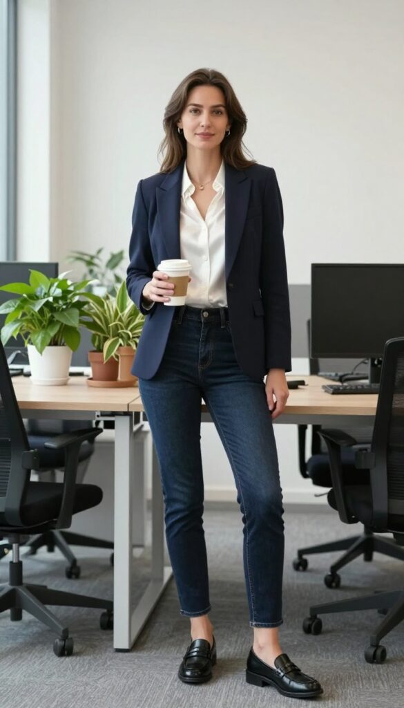 1. Blazer + Dark Wash Skinny Jeans + Loafers