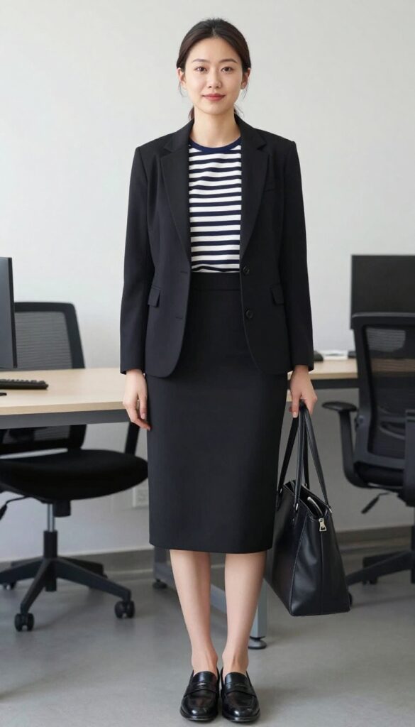 2. Black Midi Skirt + Striped Breton Top + Blazer