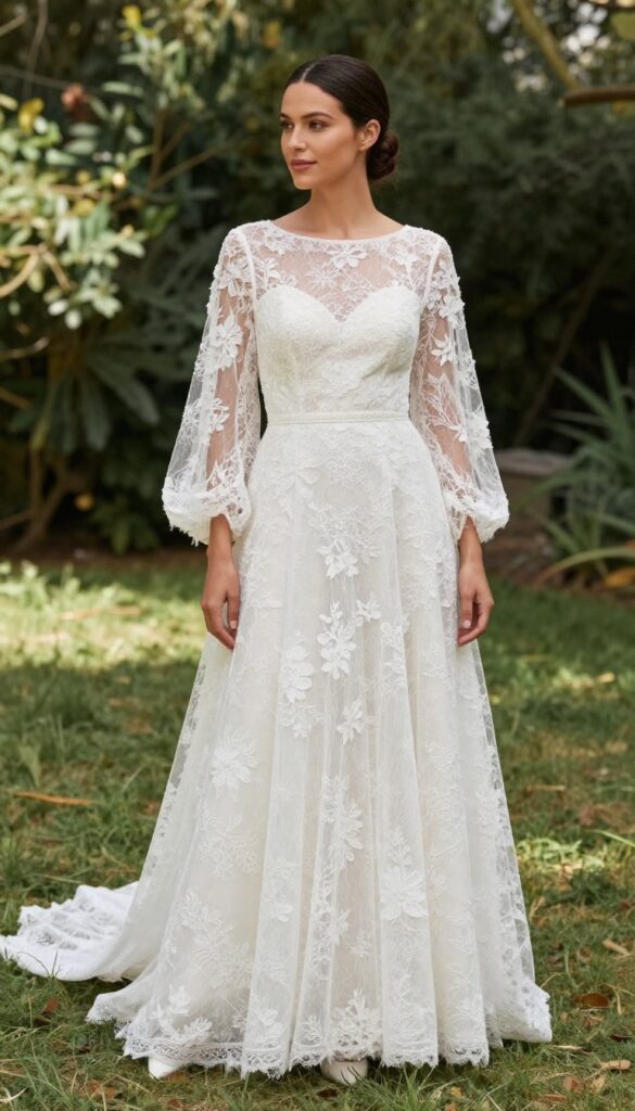 Bride in lace A-line wedding dress with sheer bishop sleeves and floral appliqués, standing in a sunlit garden, soft natural makeup and low bun, romantic bridal style.
