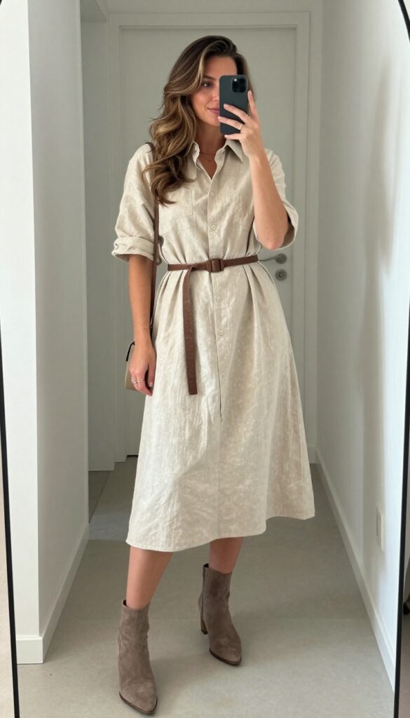 10. Midi Shirt Dress + Ankle Boots