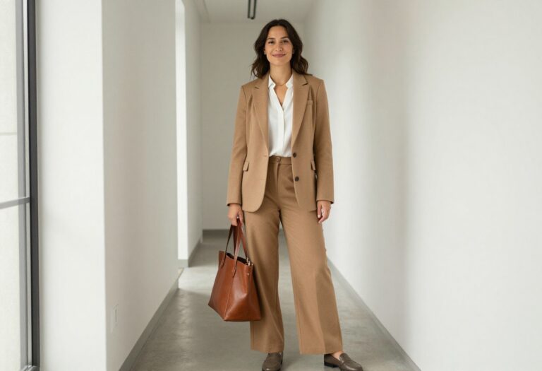 Woman in camel blazer and wide-leg trousers standing in office hallway