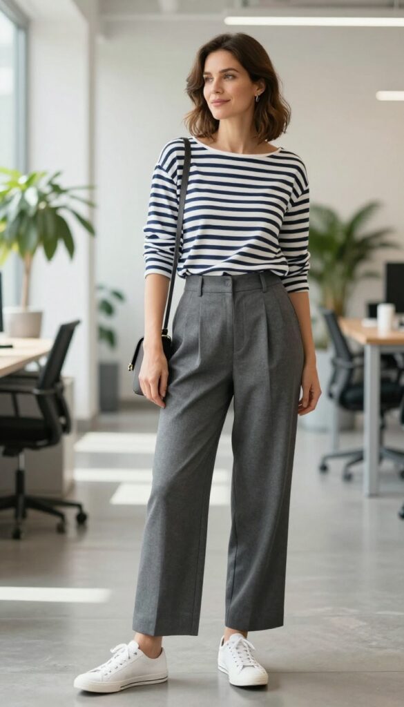 2. Striped Breton Top + Gray Wide-Leg Pants + White Sneakers