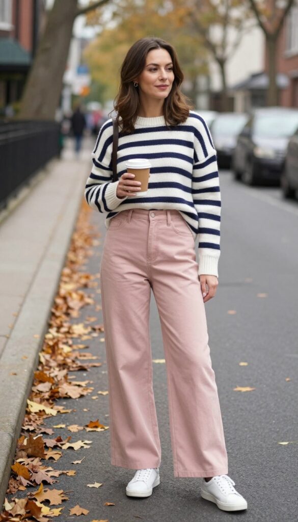 12. Blush Pink Wide-Leg Trousers with Striped Sweater