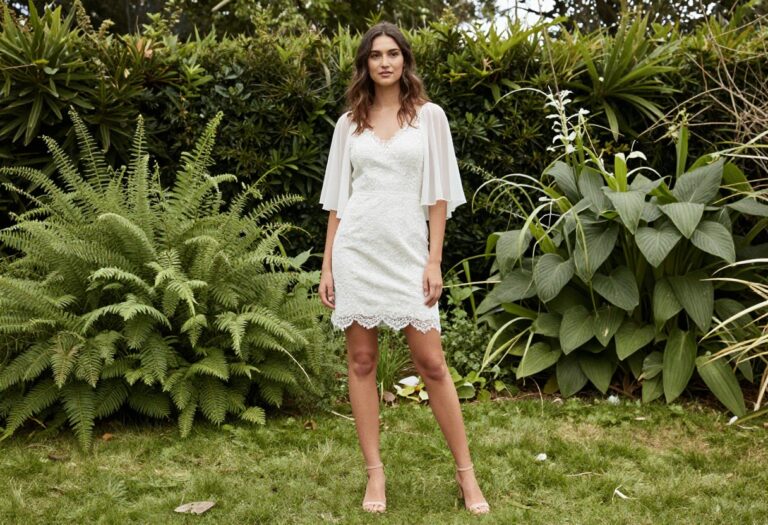Bride in short lace dress with sheer cape in garden