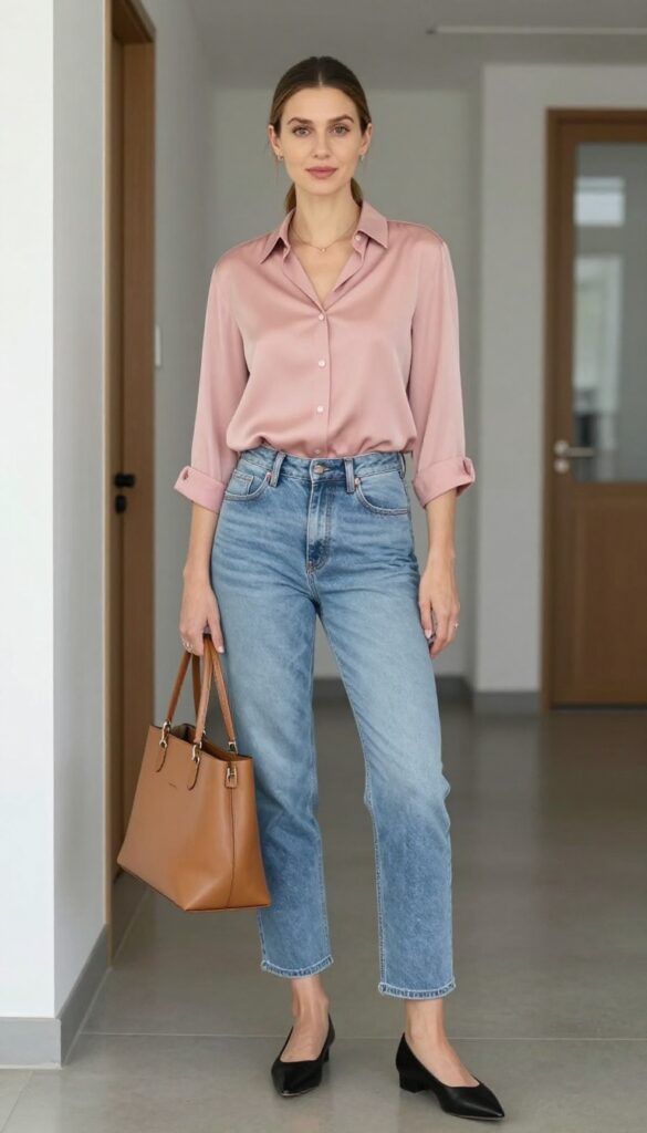 3. Silk Blouse + Boyfriend Jeans + Pointed Flats