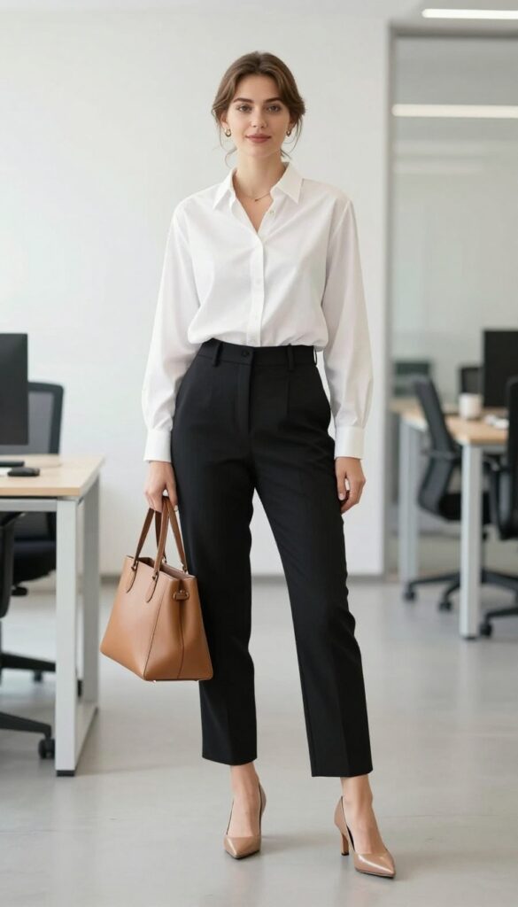 1. Classic White Blouse + Black Pants + Nude Pumps