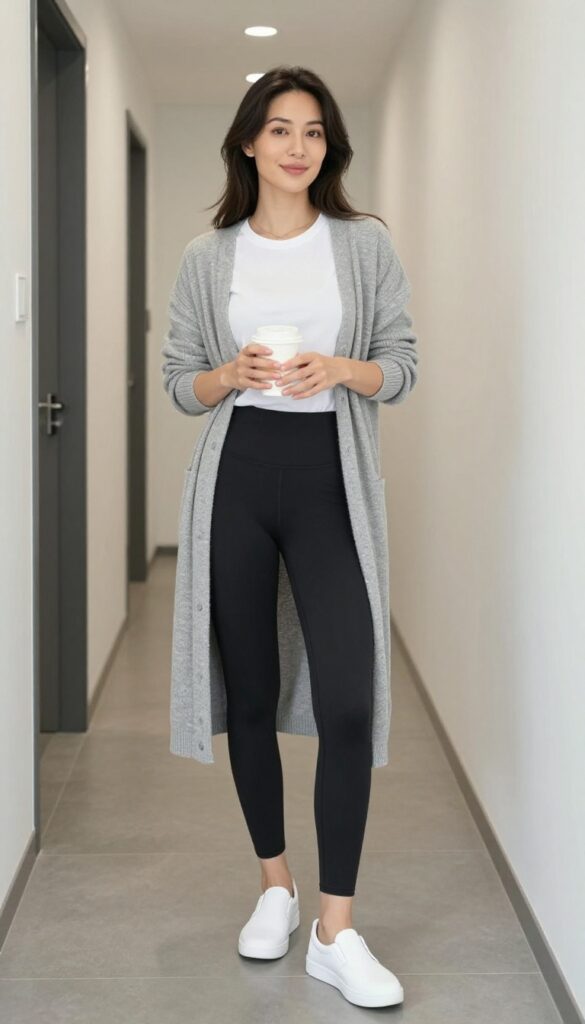 12. Longline Cardigan + Leggings + Slip-On Sneakers