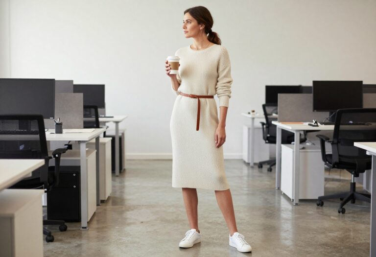 Woman in cream knit midi dress with belt and sneakers in office hallway