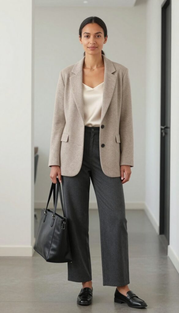 1. Knit Blazer + Silk Camisole + Wide-Leg Trousers
