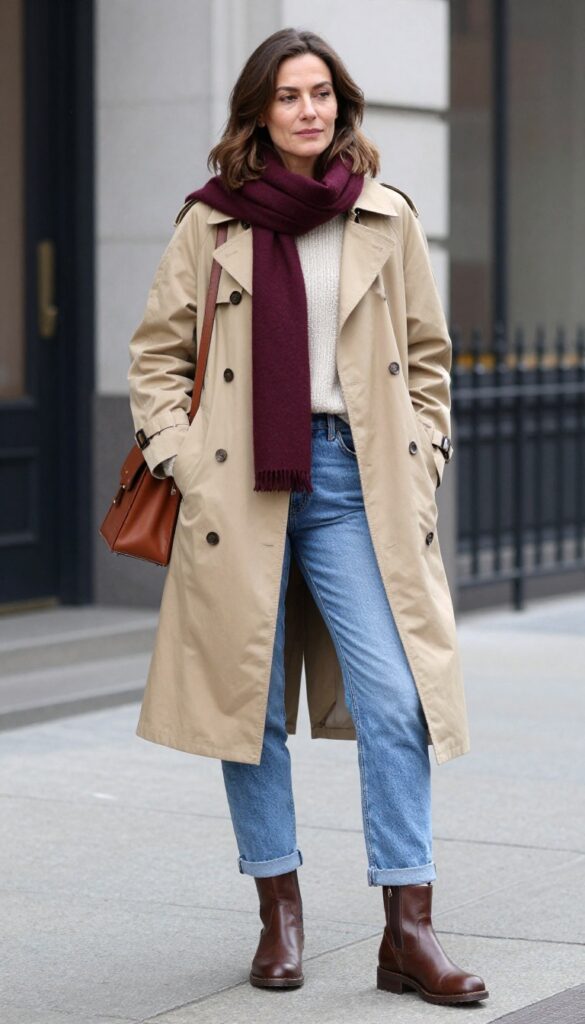 11. Classic Work Boots with a Trench Coat and Jeans