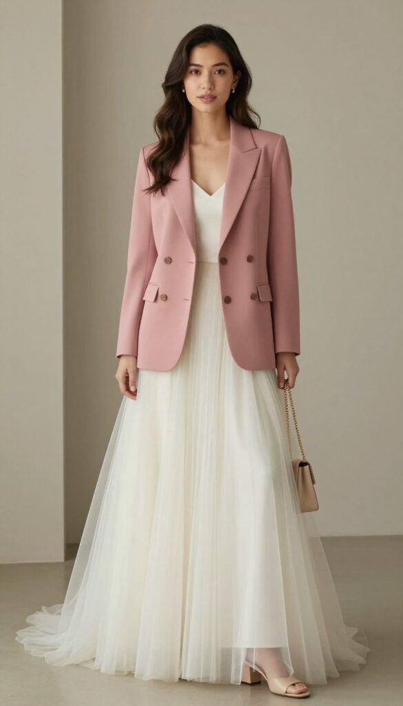 Modern bridesmaid in sleeveless tulle dress with cropped blazer and mules