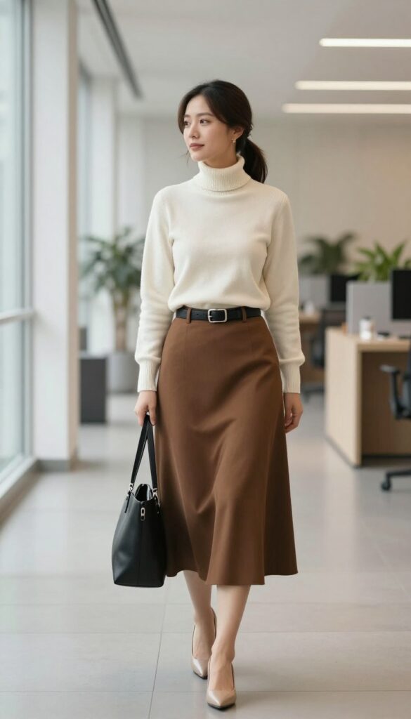 11. Flared Skirt with a Fitted Turtleneck and Belt