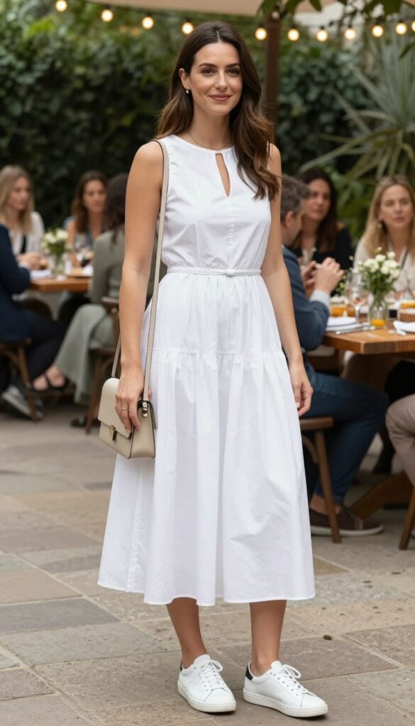 Woman in short white Greek dress with sneakers at garden wedding reception