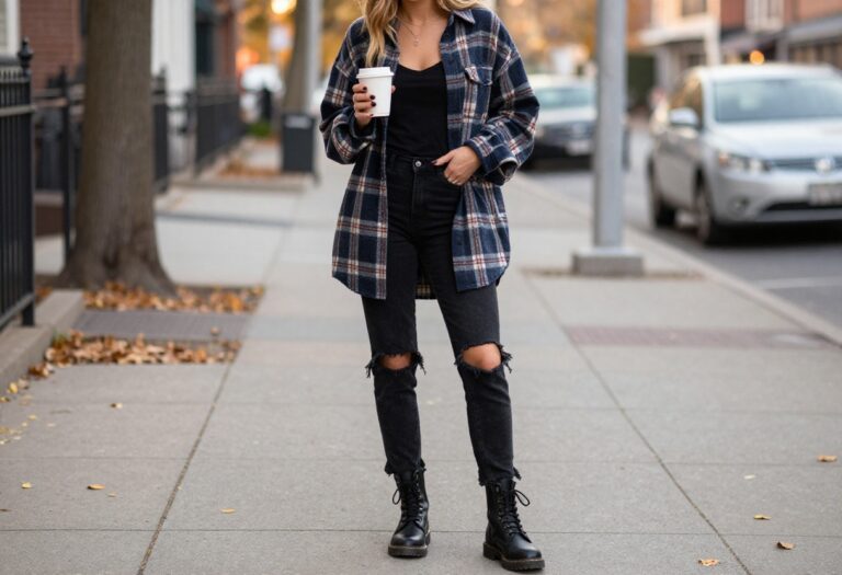 Woman in grunge fall outfit with plaid shirt, ripped jeans, and combat boots