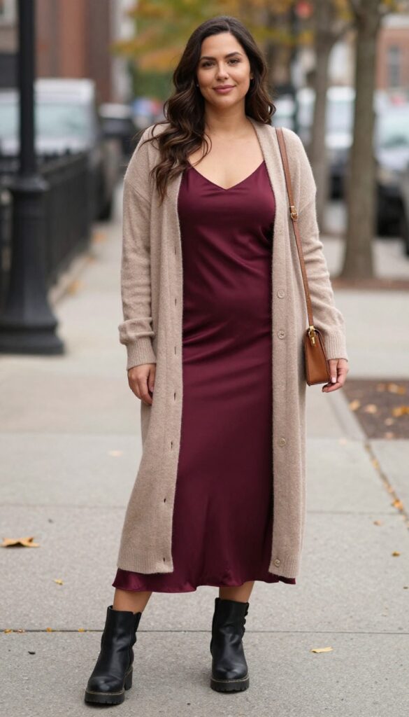 8. Long Cardigan over a Slip Dress with Lug-Sole Boots