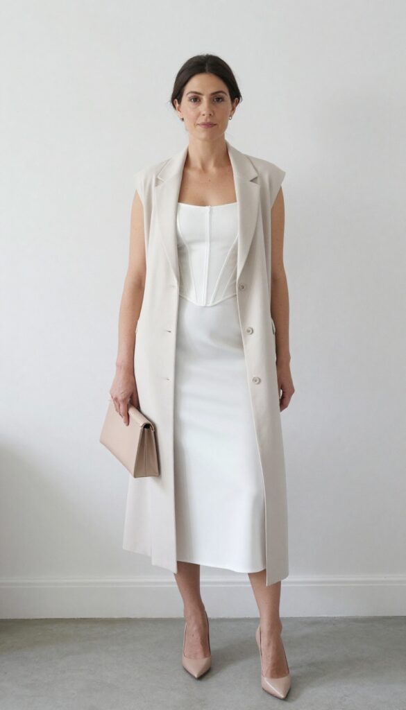 Woman in white corset top, column skirt, and longline vest with nude heels and clutch