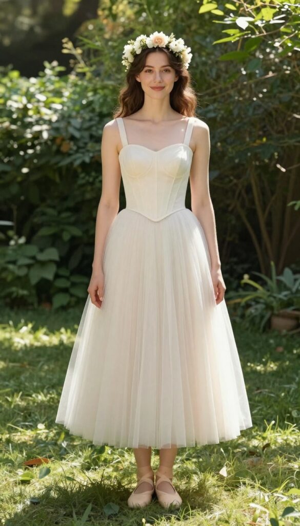 Young woman in corset top and tulle skirt in garden