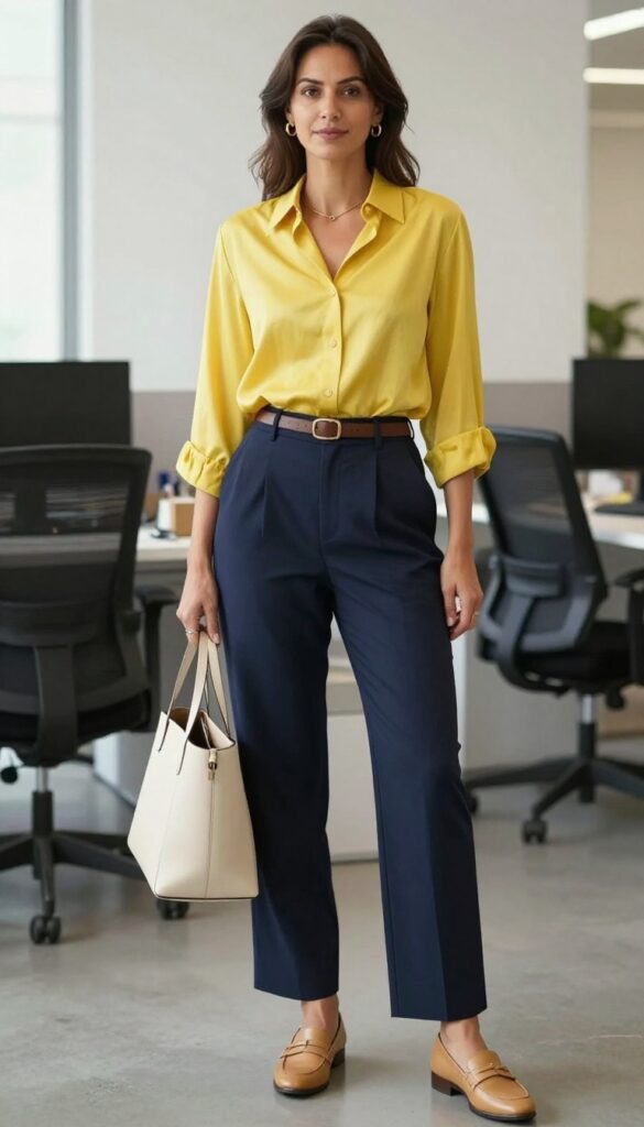 3. Yellow Silk Blouse + Navy Wide-Leg Pants