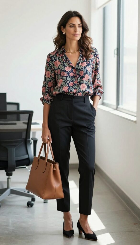 5. Printed Blouse and Pointed Flats