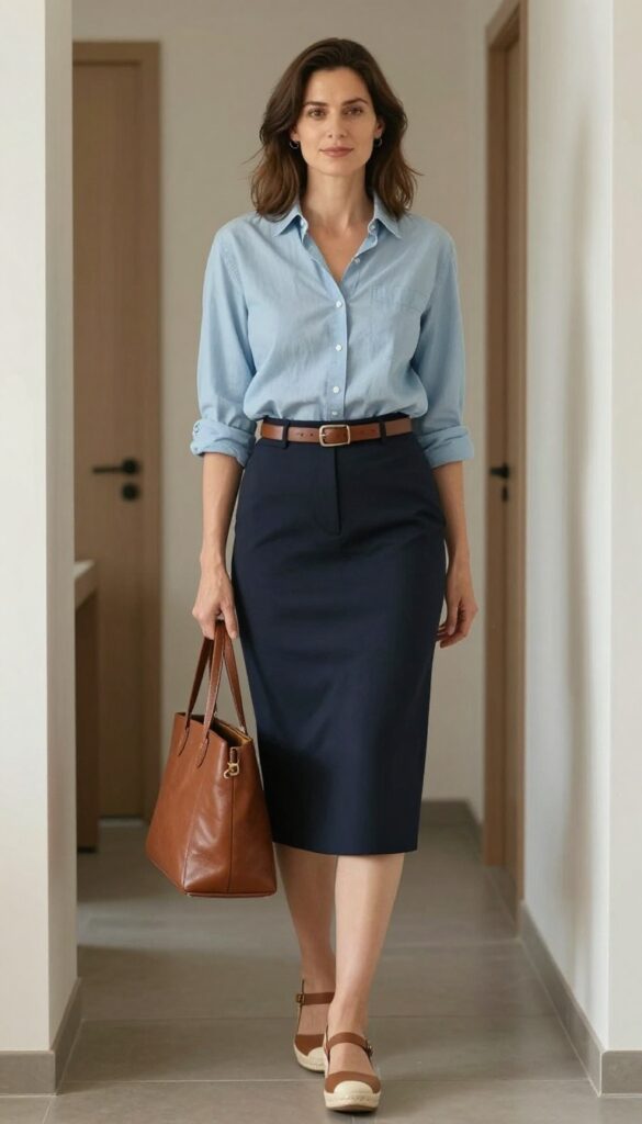 3. Navy Midi Skirt + Chambray Shirt