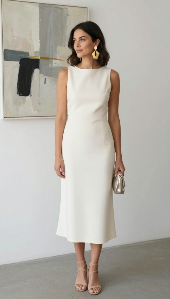 Woman in minimalist drop waist wedding dress with statement earrings at art gallery