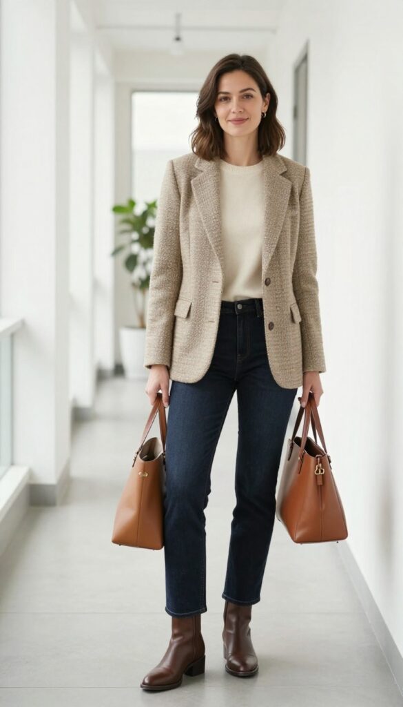 13. Tweed Jacket + Cashmere Sweater + Dark Wash Bootcut Jeans