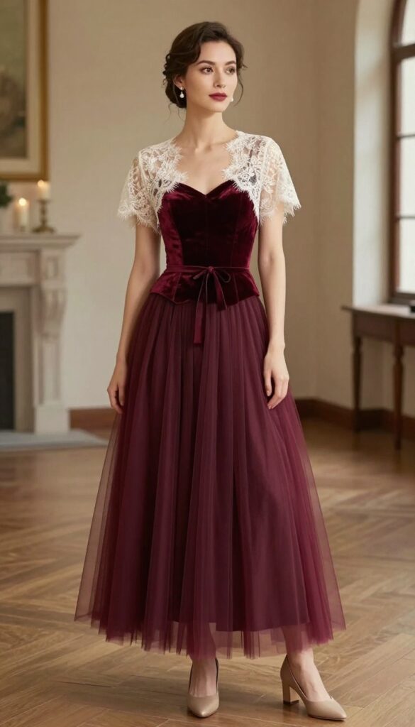 Woman in burgundy velvet corset top, full tulle skirt, and lace bolero, pearl earrings, simple updo, standing in elegant candlelit hall.