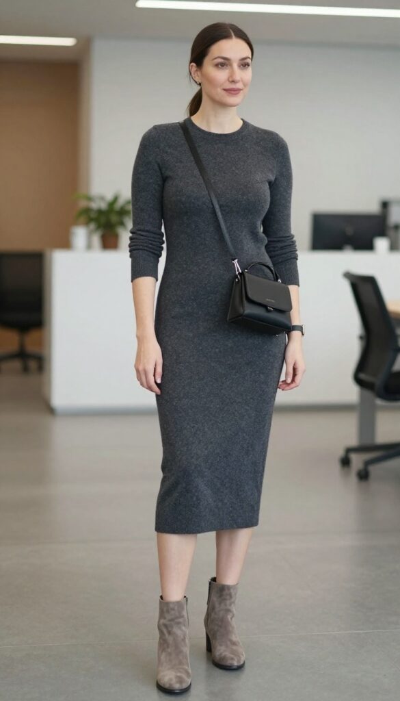 5. The Long-Sleeve Midi Dress with Ankle Boots