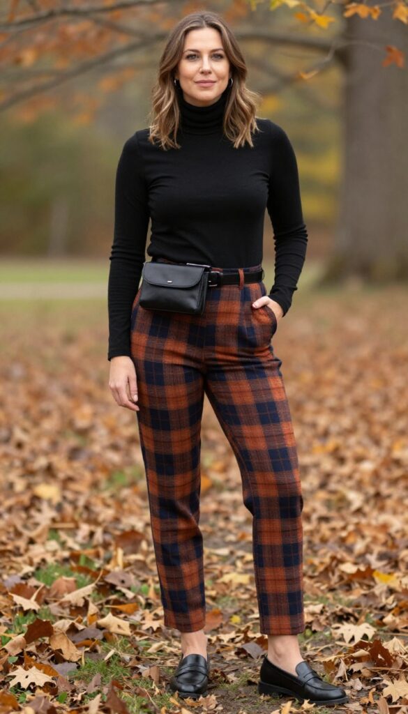 3. Turtleneck + Plaid Trousers + Leather Loafers + Belt Bag