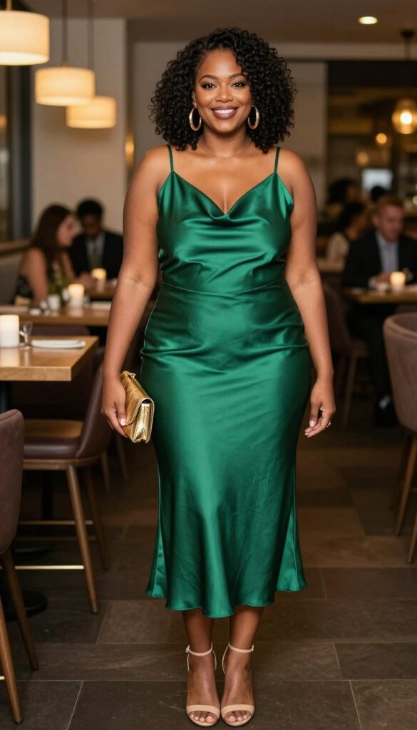 1. Satin Slip Dress with Statement Earrings