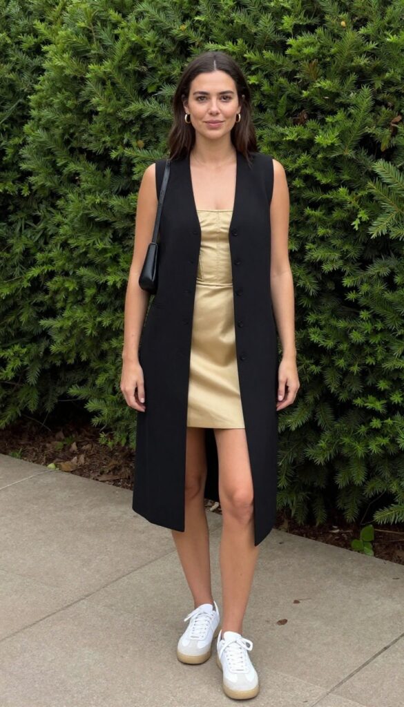 Woman in gold corset dress with black longline vest and white sneakers at garden wedding