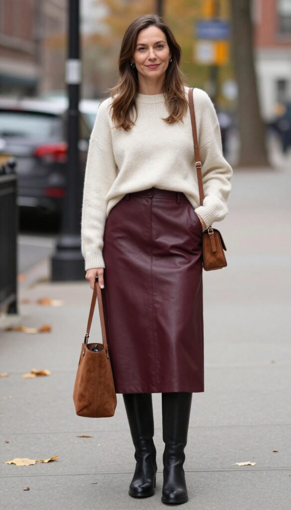 3. Leather A-Line Skirt with Chelsea Boots and a Tucked Sweater