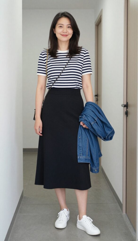 3. Striped Breton Top + Black Midi Skirt + White Sneakers