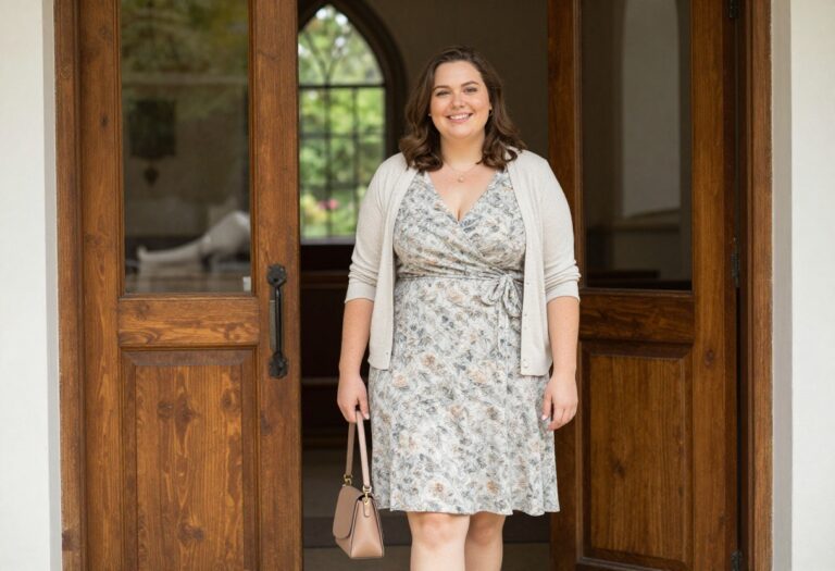 Plus size woman in a floral wrap dress and cardigan standing in a church foyer, modest Sunday outfit inspiration.