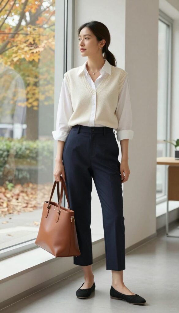5. Knit Vest + Button-Down + Cropped Trousers