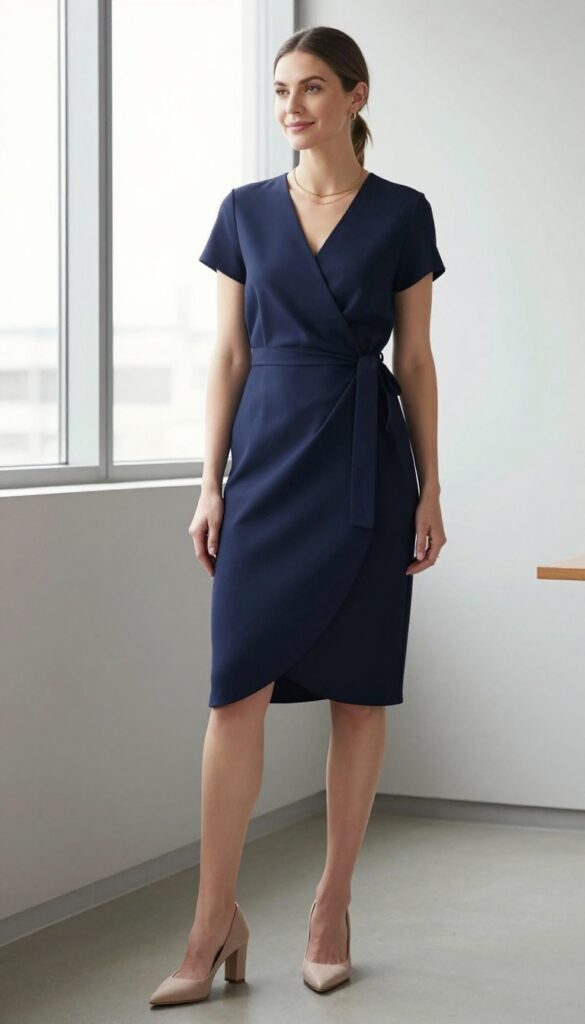 8. Wrap Dress + Minimal Jewelry + Block Heels