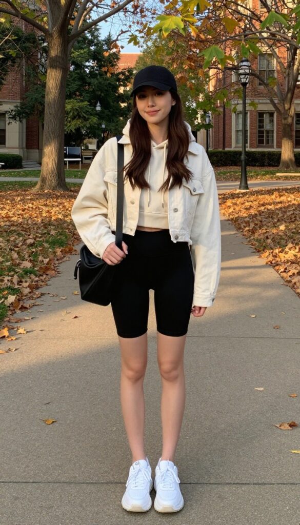 7. Hoodie under a Denim Jacket with Biker Shorts