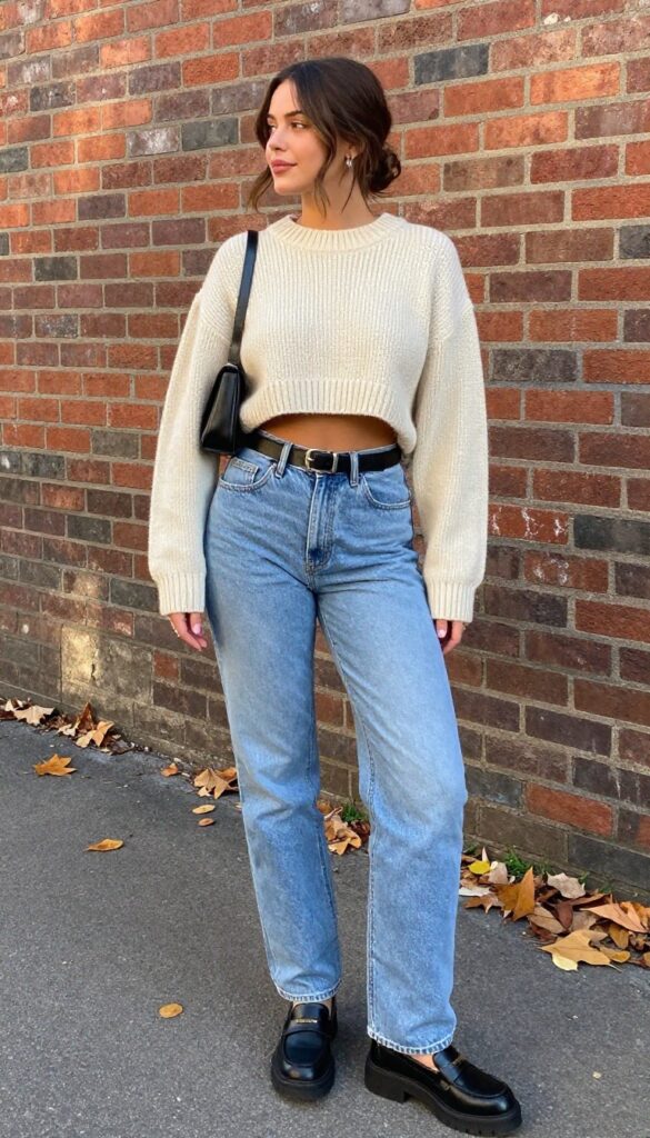 10. Cropped Sweater + High-Waisted Wide-Leg Jeans + Belt + Loafers
