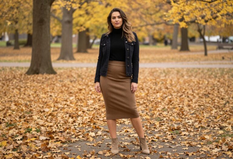Woman in fall outfit with camel midi skirt, black turtleneck, and suede ankle boots in autumn park