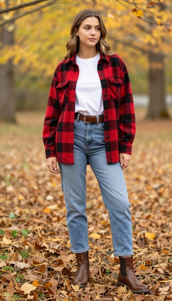 8. Flannel Shirt + White Jeans + Brown Belt + Chelsea Boots