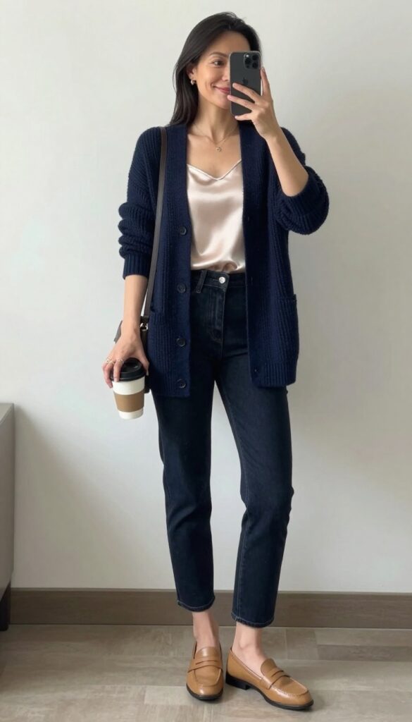 5. Navy Cardigan + Silk Camisole + Straight-Leg Jeans
