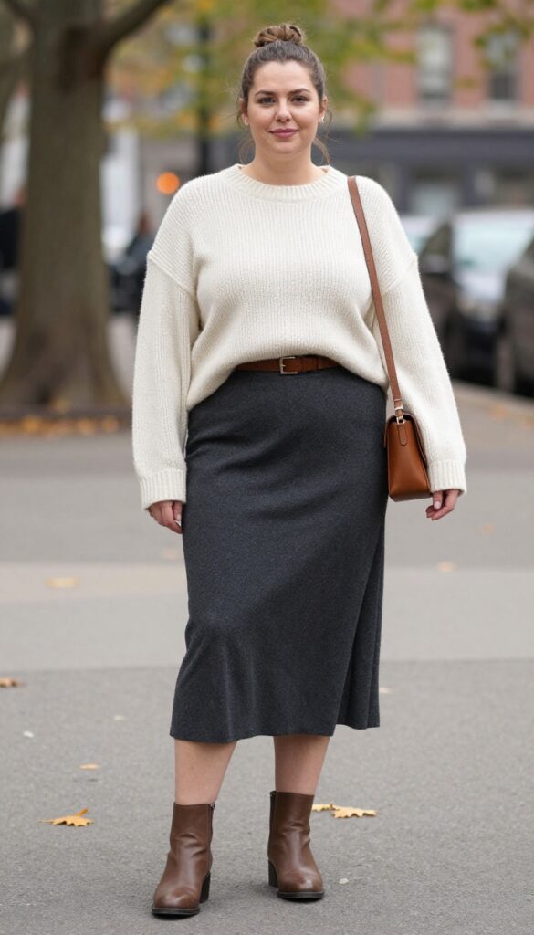 3. Midi Skirt with a Chunky Knit Sweater