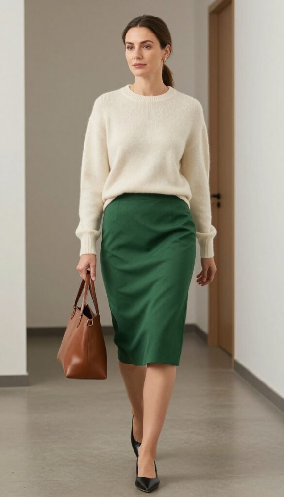 15. Cashmere Sweater with a Pencil Skirt and Pointed Flats