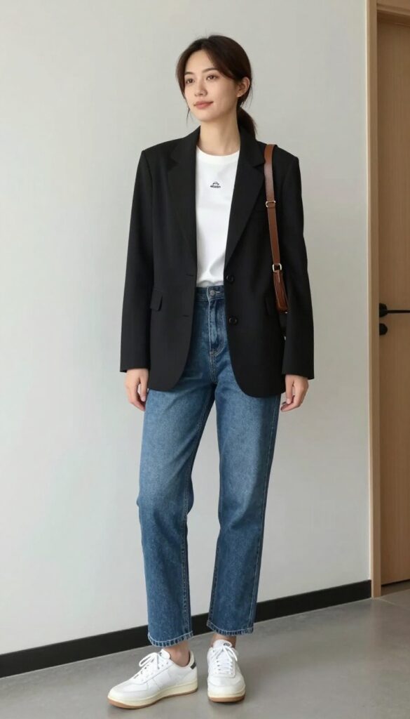 1. Blazer + Graphic Tee + Straight-Leg Jeans