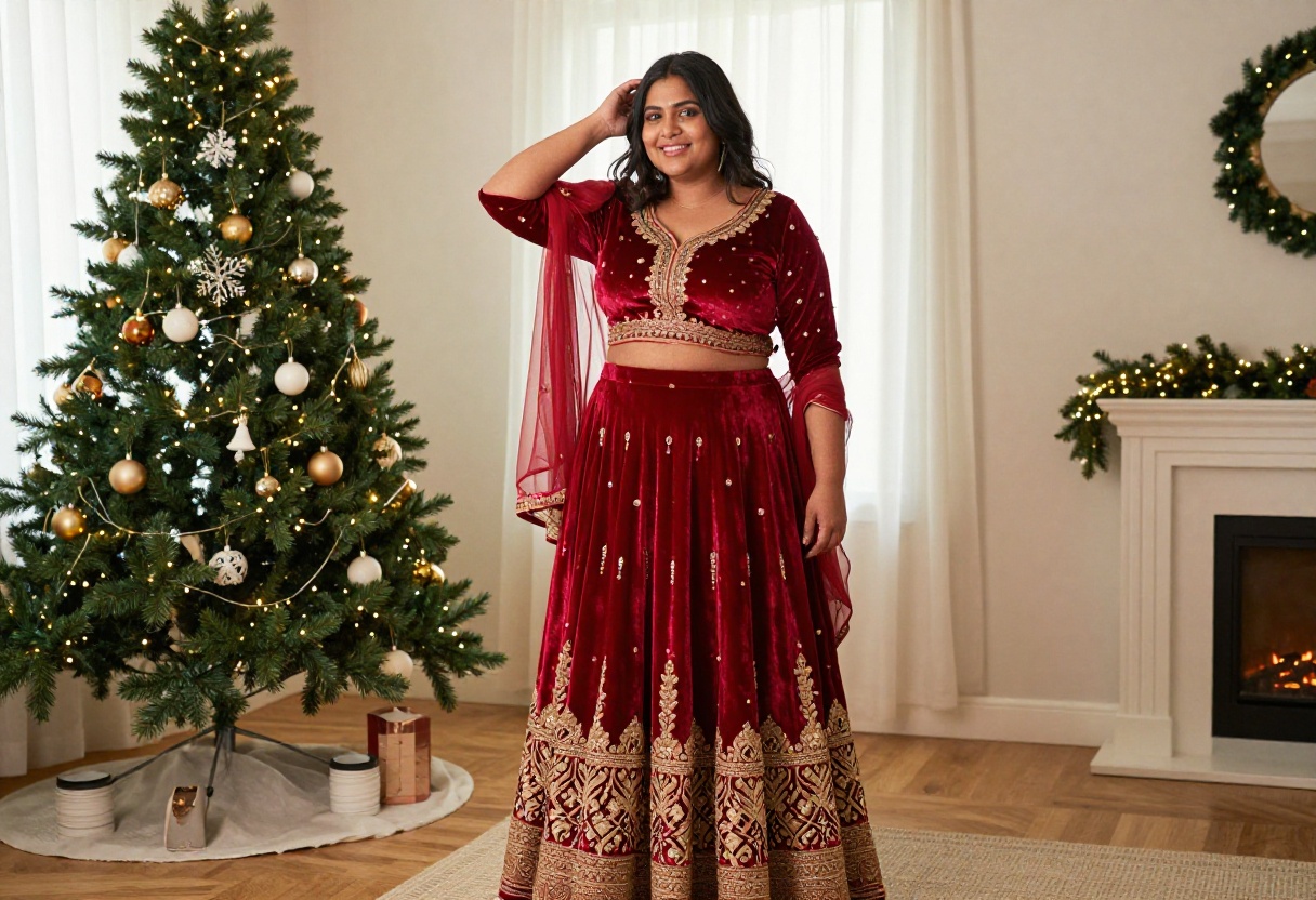 Plus size woman in red velvet lehenga with gold embroidery standing near Christmas tree