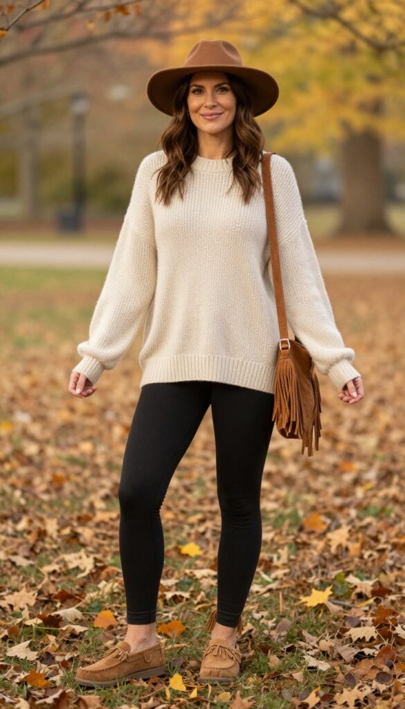 8. Tunic Sweater with Leggings and Suede Moccasins