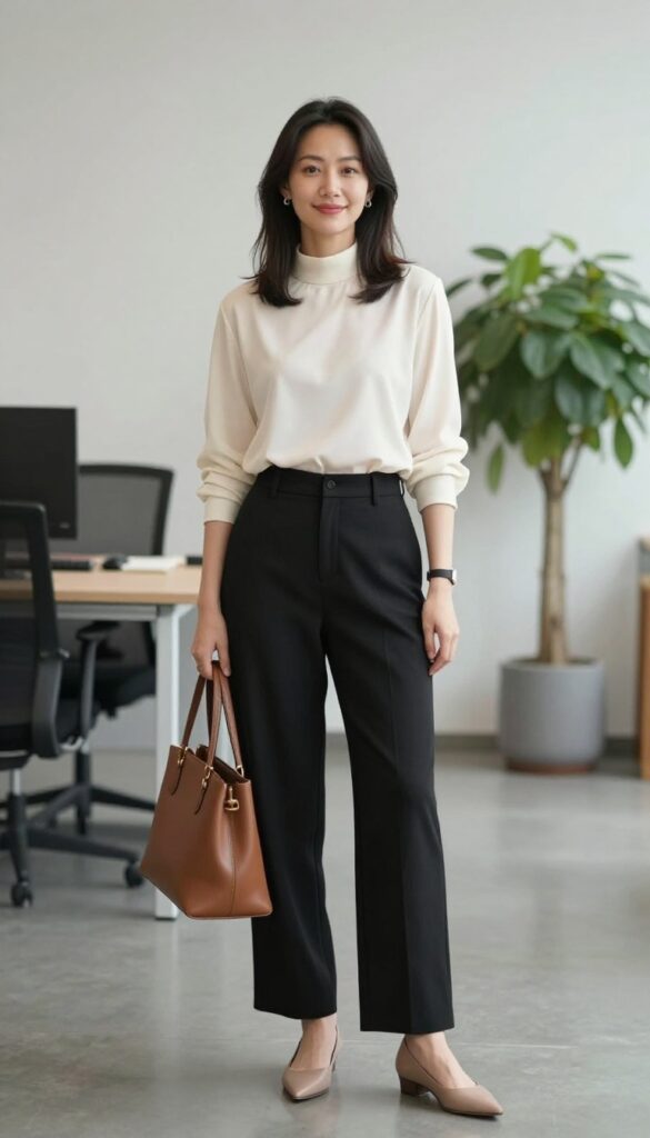 1. High-Neck Blouse with Wide-Leg Trousers