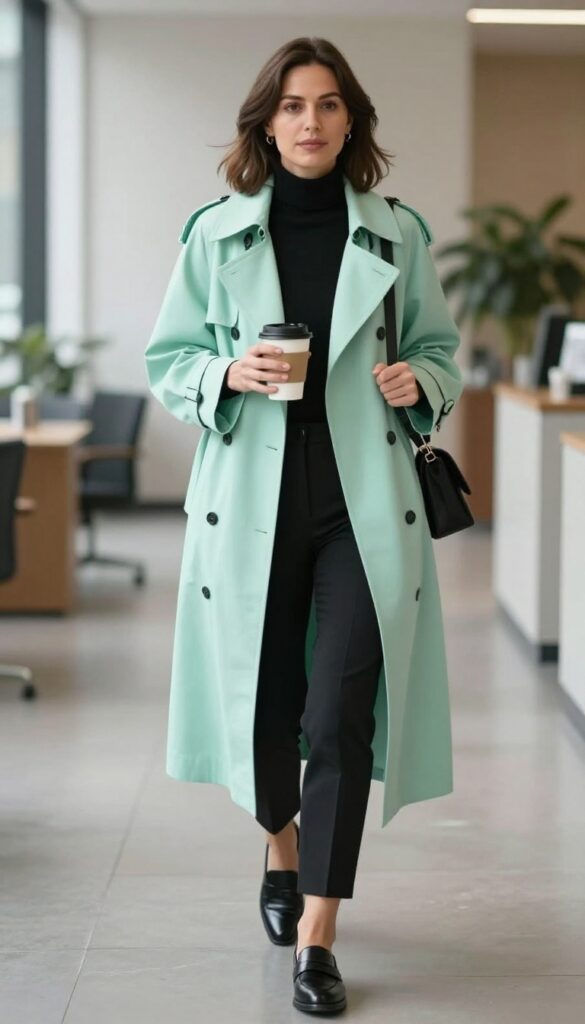 11. Mint Green Trench Coat + All-Black Outfit