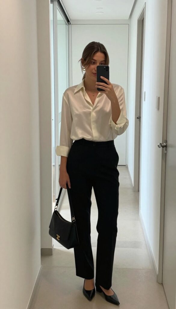 8. Silk Blouse + High-Waisted Trousers + Pointed Flats
