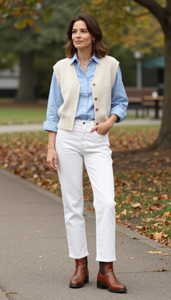 11. Chambray Shirt with White Jeans and a Knit Vest